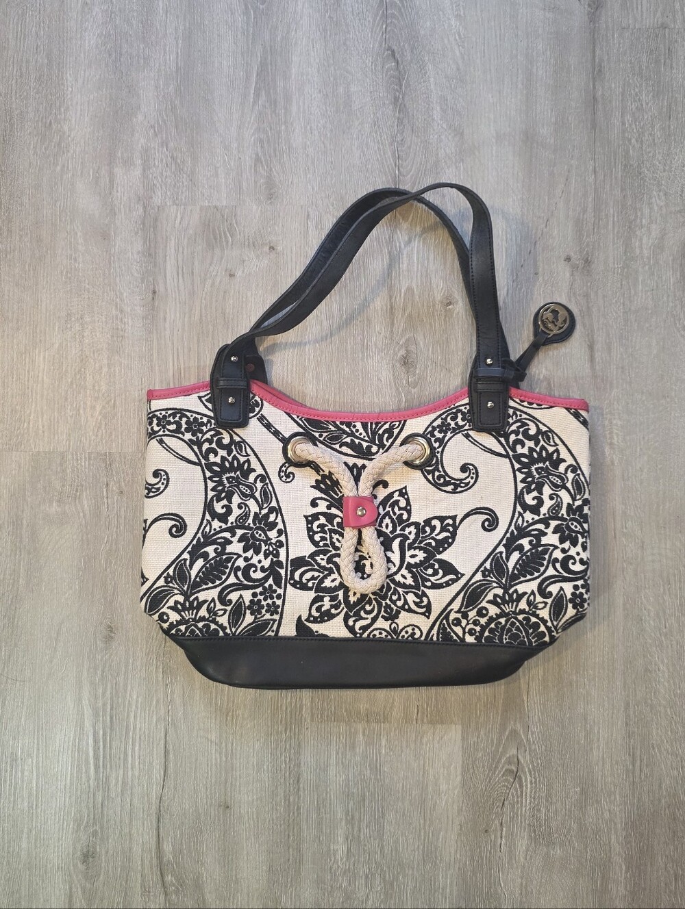 Spartina 449 Black & White Paisley Tote with Pink Trim
